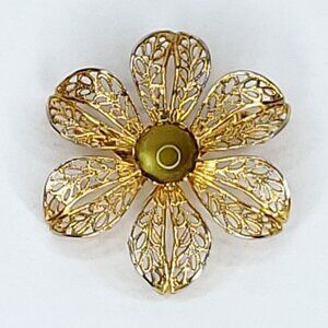 Vintage Filigree Floral Flower Brooch Green Moonglow Cabochon 1 5/8"
